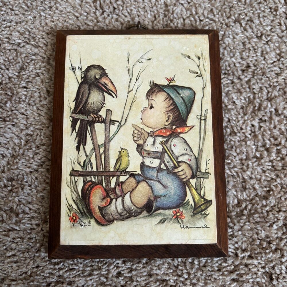 Vintage Hummel Wall Plaque Print Wood Bugle Boy with Crow & Yellow Bird Bucolic